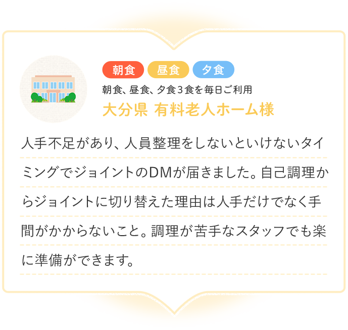 朝食 昼食 夕食 朝食、昼食、夕食3食を毎日ご利用 大分県 有料老人ホーム様 人手不足があり、人員整理をしないといけないタイミングでジョイントのDMが届きました。自己調理からジョイントに切り替えた理由は人手だけでなく手間がかからないこと。調理が苦手なスタッフでも楽に準備ができます。